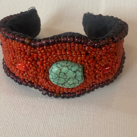 NavajoTrue Coral hand beaded Adjustable bracelet w TURQUOISE. - Picture 1 of 8